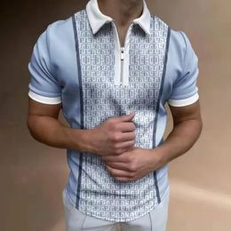 Summer Mens Casual Fashion Zipper Polos Digital Printed Stripe Plaid Pattern Polo Shirts with Short Sleeve Men Clothing 240428
