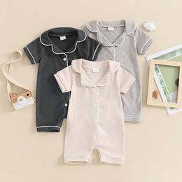 Rompers Baby Summer Newborn Boys Solid Short Sleeve Turn-down Collar Button Jumpsuits Overalls Clothes 0-18M H240507
