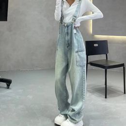 Women Jeans Designer Pants Light Coloured washed and ground white denim shoulder pants for womens new loose and age reducing high waisted jumpsuit wide leg pants