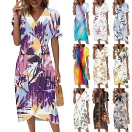 Casual Dresses Women's Beach Skirt Elegant Spring/Summer V-Neck Printed Dress Pleated Long Vestido Feminino Formal Occasion