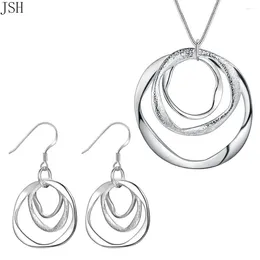 Necklace Earrings Set Wholesale Silver Colour Jewellery Fashion Charm Round Circel Pendant Earring For Women Lady Wedding Party LS009