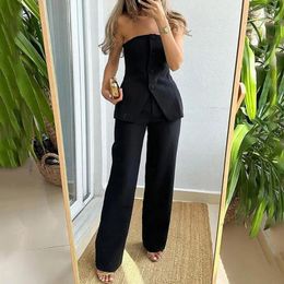Women's Two Piece Pants Backless Formal Suit Elegant Top Wide Leg Set For Women Chic Off Shoulder Bandeau Style With High Waist Pockets
