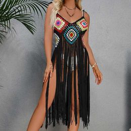 Women Beach Wear Wear CROCHET-Boho Cover Up Beach Dress for Women Sexy Tunics Skirt Hollow Fringe Hem Bathing Suits Beachwear Summer 2023 d240507