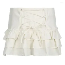 Skirts Aesthetic Vintage A Line White Short Skirt For Women Tie Up Low Waist Tiered Pleated Ruffled Fairycore