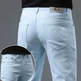Style European Trendy Light Blue Jeans for Men in Spring 2024 Mens Elastic Slim Fit Small Leg Pants Sky Long