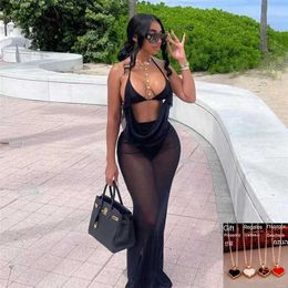 Women's Swimwear 2024 Sexy S Through Halter Dress+Panties Women Summer Beach Stylish Fake Two Backless Long Bodycon Skinny Elastic Strtwear T240505