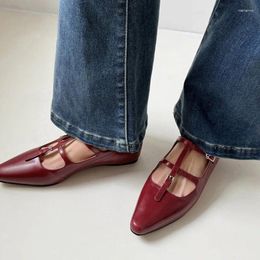 Dress Shoes Cowhide T-shape Mary Jane Square Toe Shallow Mouth Flats Chic Smoothy Ladies Pumps 2024 Niche Sweet Slip-ons Feminino