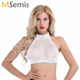 Bras Sets Womens Sleeveless Halter Crop Top Nightclub Pole Dance Sexy Backless Sheer Mesh Cami Bra Vest Transparent Rave Mini Party Tan 310D