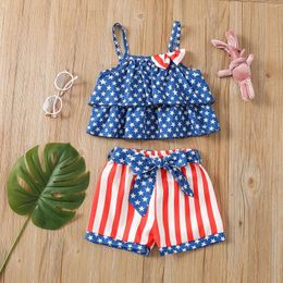 Clothing Sets 5Sets/lot American Independence Day Celebration Girl Suspender Shirt Shorts 2-piece Set Children's Suit Free Transportation