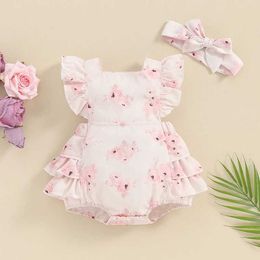 Rompers Infant Baby Girl Square Neck Frill Trim Tank Top Dress + Flower Print Headband Toddler Clothes Cotton Outfits H240507