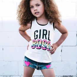 Clothing Sets 2024 Summer Kids Clothes Girls Letter Print Sleeveless Tank Top Ripped Denim Shorts Toddler Casual Two-piece
