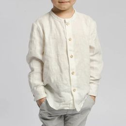 Retro linen long sleeved white shirt with wooden buttons suitable for boys spring children casual cotton and linen shirts TZ428 240424