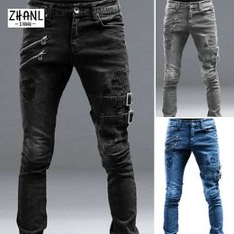 Men's Jeans Black Slim Straight Leg Jeans Man Pants Cacual Ripped Jeans Male Strtwear Youth Man Clothes Moto Harajuku Long Denim Trousers Y240507