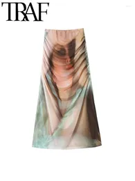 Skirts Sheer Tulle Printed Women Maxi Skirt 2024 Summer Elastic High Waisted Ruched A-Line Feamle Long Y2K Streetwear