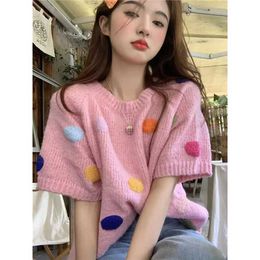 Women's T-Shirt Fashion clothing graphic T-shirt sweet loose short sleeved knitted top cute 3D polka dot sweater pink jump knitL2405