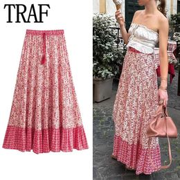 Skirts Floral Midi Skirt Woman Vintage Ruffle Long For Women Boho Beach Summer Fashion Ruched Women's