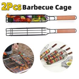Accessories Portable BBQ Grilling Basket Stainless Steel Nonstick Barbecue Grill Basket Wooden Handle Grill Mesh Meat Picnic Roasting Tool