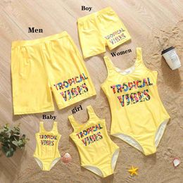 Family Matching Outfits 2024 New Family Matching Outfits Letter Pattern Mom Daughter Skinny One-Piece Suit Swimwear Dad Son Swimming Trunks Beachwear d240507