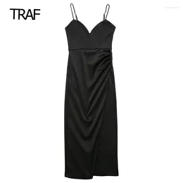 Casual Dresses Black Dress Women Slip Midi 2024 Satin Summer Women's Elegant Slit Ladies Sexy