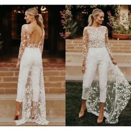 Bride Elegant Jumpsuit Boho For Bateau Neck Lace Wedding Dress Bridal Gowns Backless Illusion Long Sleeves Country Robe Mariage