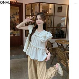 Women's Tanks Onalippa Ruffles Flying Sleeves Tank Top Elastic High Waist Wide Legs Drawstring Solid Pants Korean Sweet Pullover Women