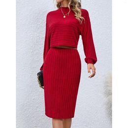 Work Dresses Autumn Women's Costume Stripe Long Sleeves Pullover Tops Midi Skirt Suits 2 Piece Sets Elegant Office Fashion Outfit Streetwear