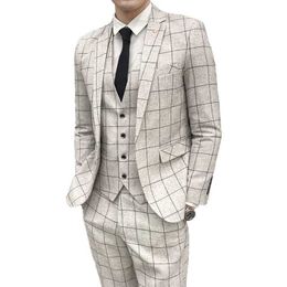 Men's Suits Blazers 2023 Mens jacket+vest+pants Fashion boutique plaid formal business suit ultra-thin striped wedding coat vest Q240507