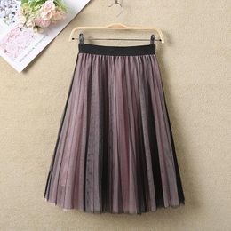 Skirts TingYiLi Vintage Black Pink Contrast Women Pleated Skirt Korean Style Spring Summer Tulle Knee Length A-line 4 Layer