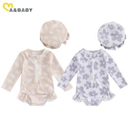 Swimwear ma&baby 6M3Y Newborn Infant Toddler Baby Girl Swimsuit Flower Print Zipper Long Sleeve Swimwear Cap Bathing Suit Beachwear