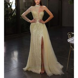 Prom Sparkly Mermaid Dresses One Long Sleeve V Neck Halter Appliques Sequins Floor Length Celebrity Hollow Side Slit Evening Dress Bridal Gowns Plus Size Custom