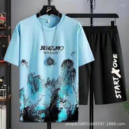 Men's Tracksuits Tshirt Casual Ice Silk Gradient Short Men Sleeve T-shirt Shorts Set Summer Sporty Two-piece Outfit Stylish Male Clothing