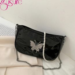 Bag Gusure Butterfly Patent PU Leather Ladies Armpit Vintage Design Pearl Chain Women Shoulder Small Fashion Clutch Handbag