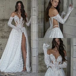 För boho en spets brud linje älskling bröllopsklänning brudklänningar illusion midja långa ärmar vestido de novia split robe marrage