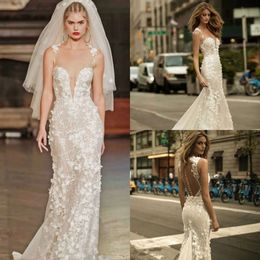 Dresses Sexy Full Deep Neck Berta V Spaghetti 3D Floral Applique Sweep Train Bridal Gowns Custom Made Wedding Dress