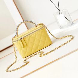 12A All-New Mirror Quality Designer Mini Cosmetic Bag 17cm Calfskin Quilted Bags Pearl Handle Handbags Yellow Purse Crossbody Shoulder Chain Strap Bag With Box