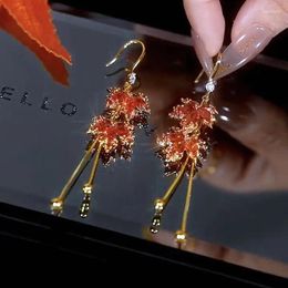 Hoop Earrings Korean Red Simple For Women Exquisite Sparkling Zircon Tassel Fashion Temperament Jewelry
