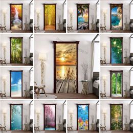 Set Sunset At Dusk Lake Door Stickers Beach Adhesive Mural Decoration 3D Wallpaper Poster Room Decor Aesthetic Bathroom deursticker