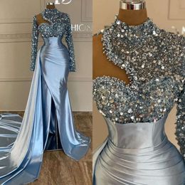 Mermaid Evening Sexy Sky Blue Sequins High Neck Long Sleeves Formal Party Prom Dress Pleats Dresses For Special Ocn es