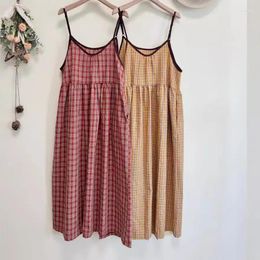 Casual Dresses 2024 Summer Mori Girl Style Literary Cotton Linen Plaid Spaghetti Strap Dress Women Loose Retro Beach Holiday Long