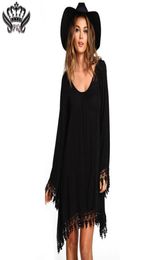 Whole 2016 Summer Women Boho Tassel Dress Short Vestido Sexy Lace Crochet Chiffon Tunic Hollow Black Beach Shirt Dress Blusa 9346202