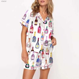 Kvinnors sömnkläder Kvinnor 2-stycken Pyjama Set Short Sleeved Champagne Printed Button Up Shirt+Shorts Set Summer Losta Fiting Home Clothing WX