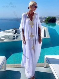 Women Beach Wear 2023 Elegant Gold Embroidered Kaftan Retro V-neck White Dress Plus Size Women Clothes Summer Beach Wear Swim Suit Cover Up Q1373 d240507