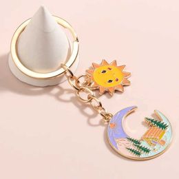 Keychains Lanyards Cute Enamel Keychain Sun Forest House Mountain Key Ring Moon Key Chains For Women Men Handbag Accessorie DIY Jewelry Gifts