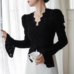 Women's Blouses QOERLIN Vintage V-neck Flared Sleeves Stretch Lace Top Chic Korean Fashion Sexy Transparent White Shirt Black Blouse Women