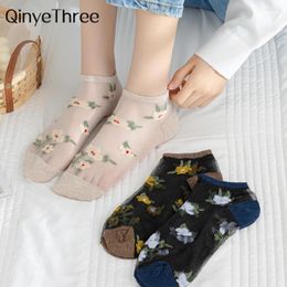 Women Socks Chic Fashion Girls' Silk Ladies Crystal Calcetines Vintage Flowers Lace Splicing Cotton Breathable Thin Dropship