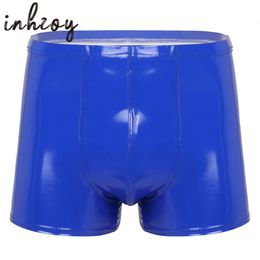 Mens Sexy Boxer Briefs Shorts Patent Leather Wet Look Latex Glossy Underwear Underpants Swimsuit Pole Dancing Rave Clubwear 240506