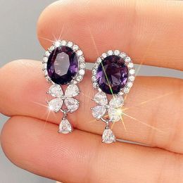 Dangle Earrings 2024 Gorgeous Purple Cubic Zirconia For Women Exquisite Birthday Gift Fashion Accessory Wedding Party Jewellery