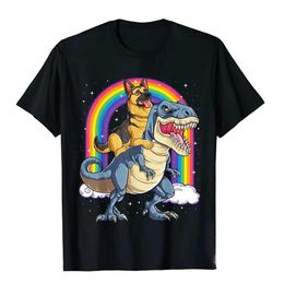 Men's T-Shirts German Shepherd Riding Dinosaur T Rex Tshirt for Men Rainbow T-Shirt Cotton Design Tops T Shirt Faddish Mens T Shirts T240505