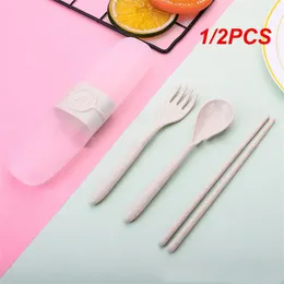 Dinnerware Sets 1/2PCS Tableware Set Portable Wheat Cutlery Student Children Straw Kitchen Supplies Three-piece