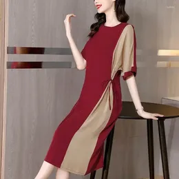 Casual Dresses Female Clothing Contrasting Colours Stylish Asymmetrical Summer Loose A-Line Drawstring Basic O-Neck Midi Dress